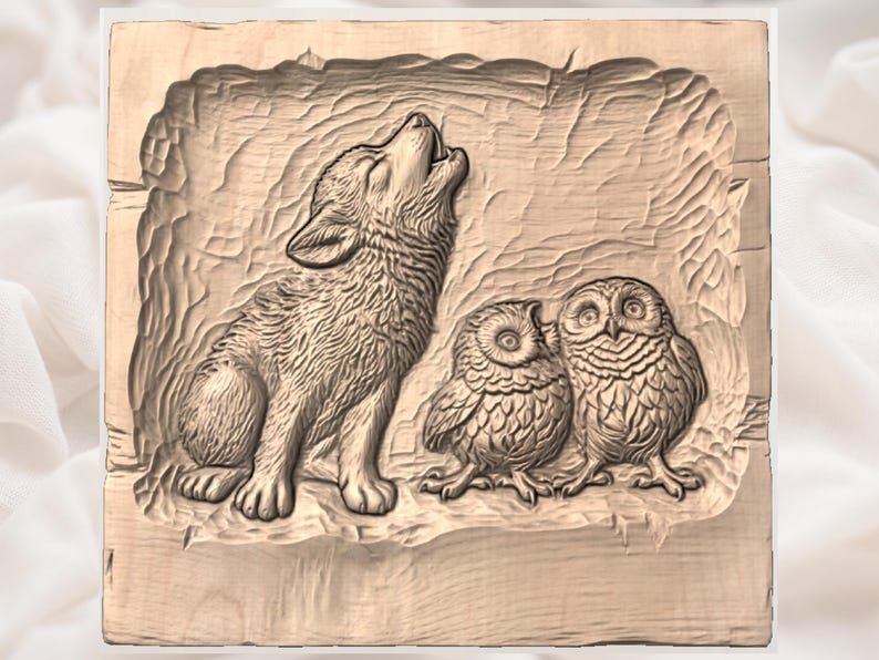 Howling Wolf Pup and Two Owls Woodland Bas-Relief STL bas-relief STL — view 2