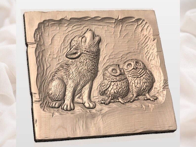 Howling Wolf Pup and Two Owls Woodland Bas-Relief STL bas-relief STL — view 3