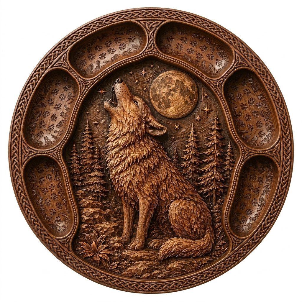 Howling Wolf Forest Moon Scene CNC Relief STL | Wildlife Wood Carving Design | Celtic Knotwork Wall Art Panel — carved bas relief STL file for CNC