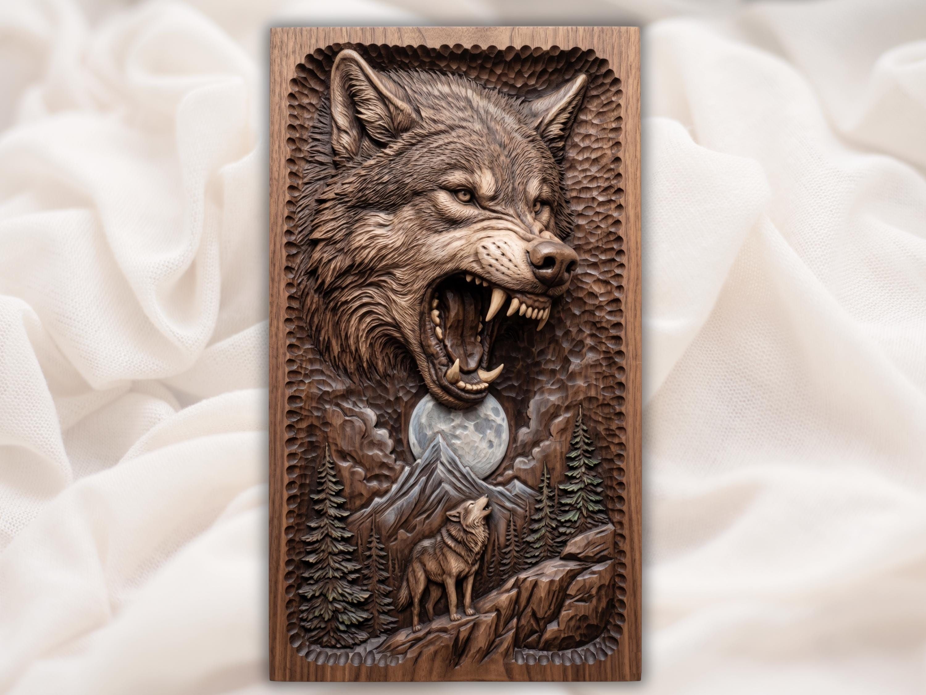Carved wood relief of a snarling wolf above a full moon, mountains, pine trees, and a small howling wolf.