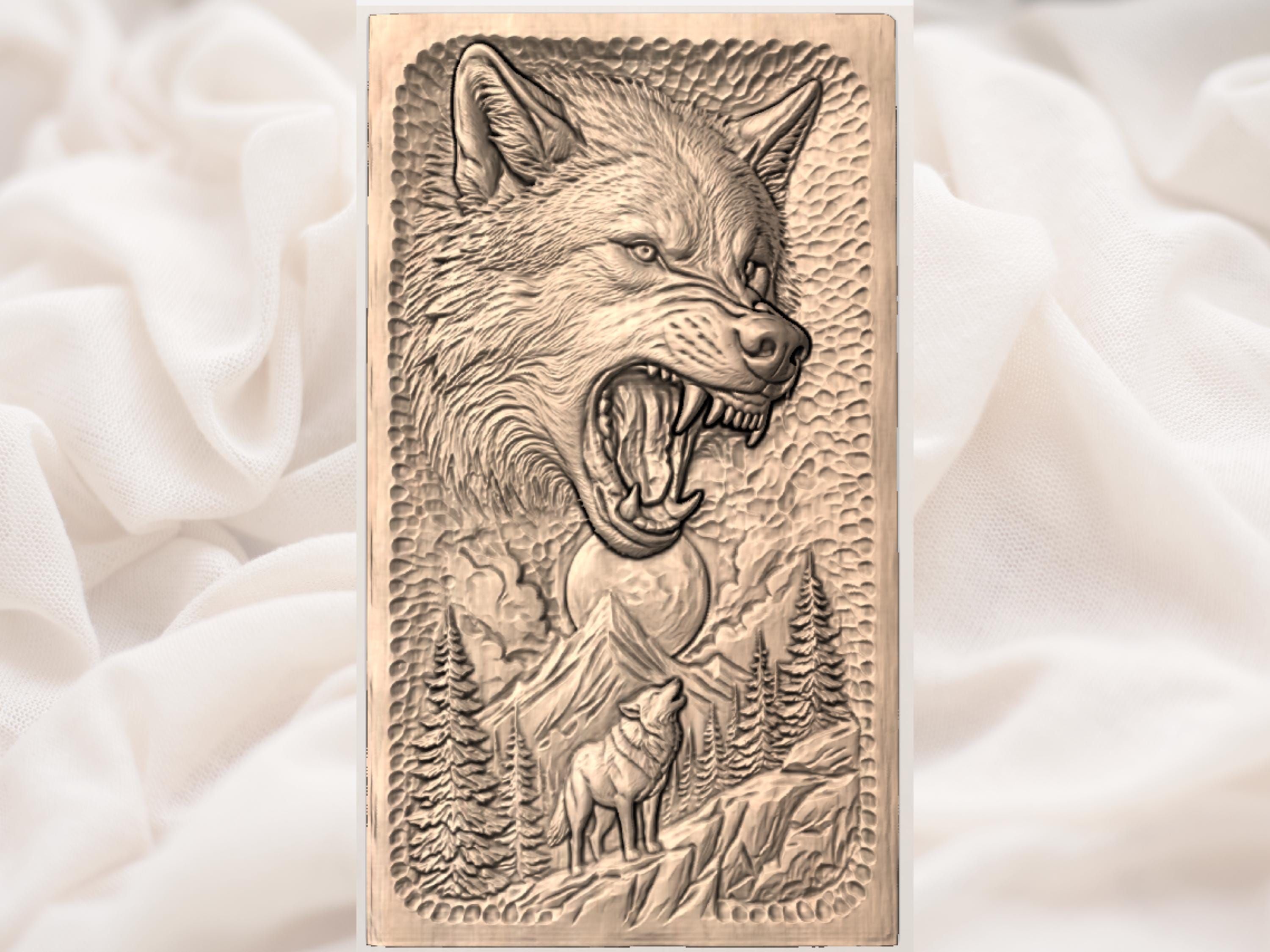 Snarling Wolf and Howling Pup Under the Full Moon Relief bas-relief STL — view 2