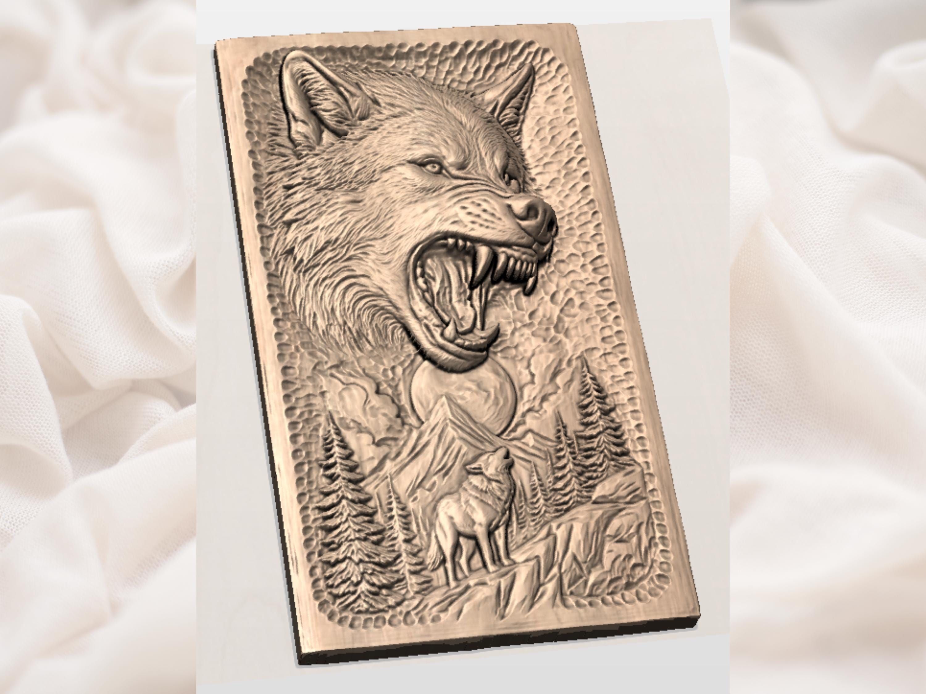 Snarling Wolf and Howling Pup Under the Full Moon Relief bas-relief STL — view 3