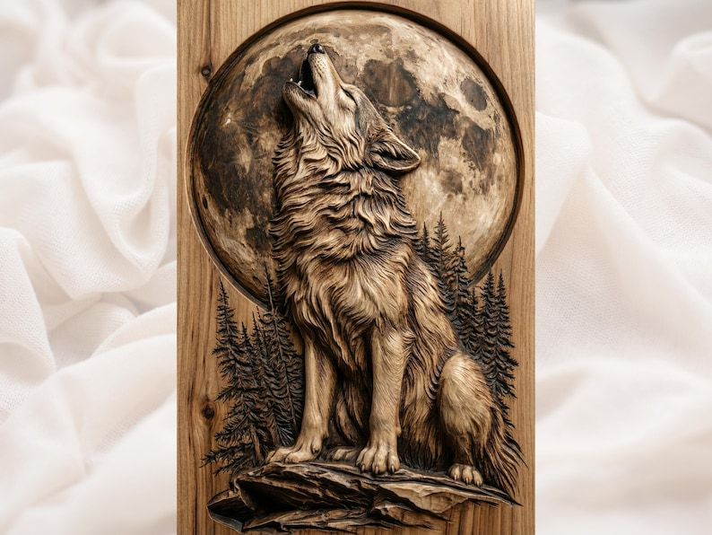 Bas-relief carving of a howling wolf on a rock with a full moon and pine trees behind it