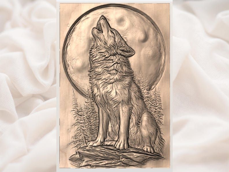 Howling Wolf and Full Moon Bas-Relief STL for CNC Carving bas-relief STL — view 2