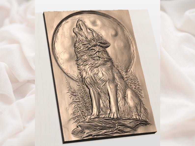 Howling Wolf and Full Moon Bas-Relief STL for CNC Carving bas-relief STL — view 3