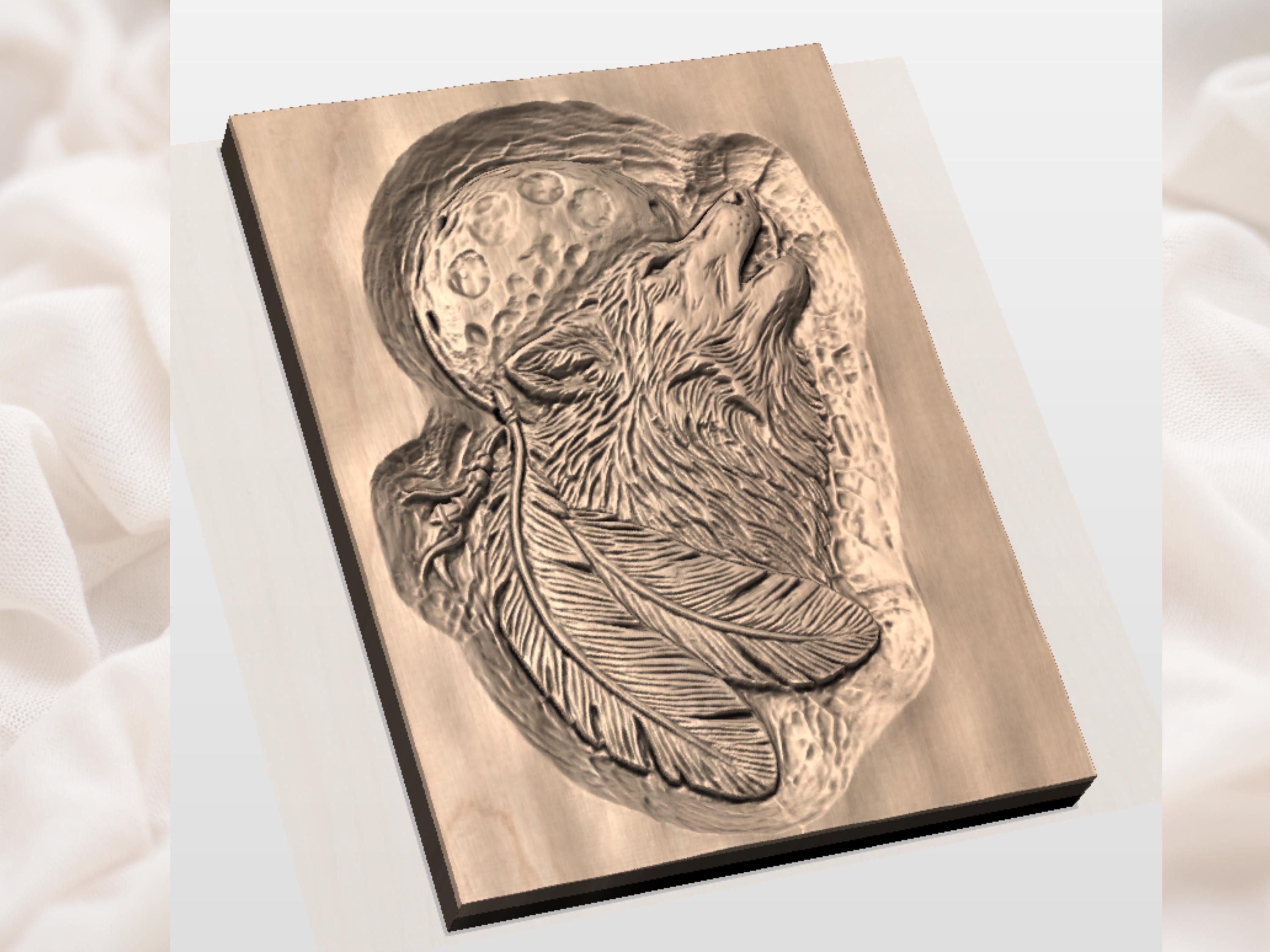 Howling Wolf and Full Moon Feather Bas-Relief STL bas-relief STL — view 2