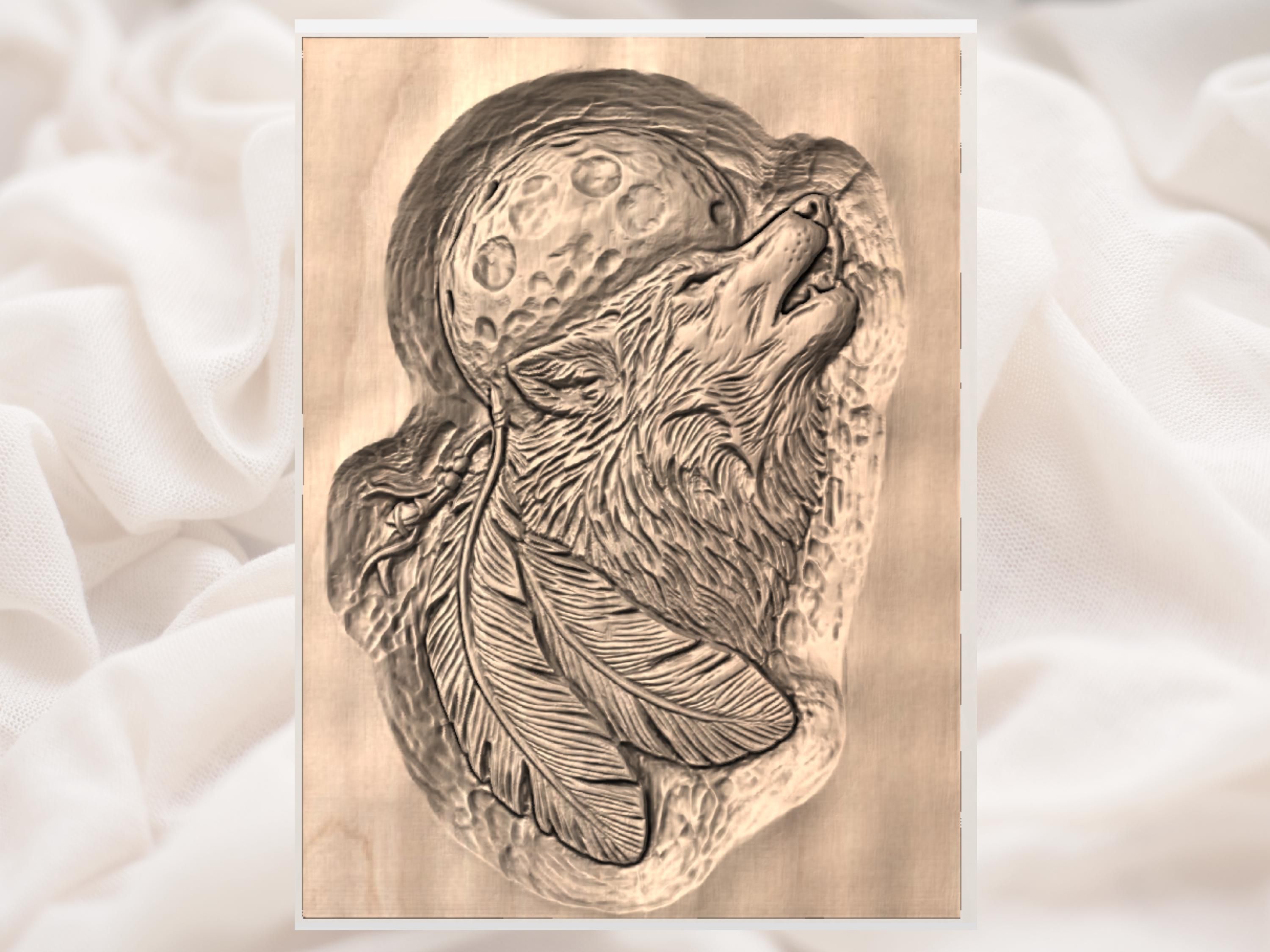 Howling Wolf and Full Moon Feather Bas-Relief STL bas-relief STL — view 3