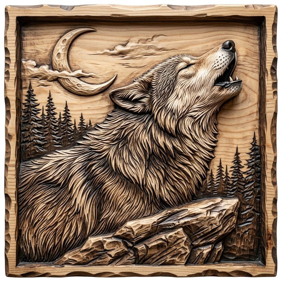 Howling Wolf Moon CNC Relief STL bas-relief STL — view 3