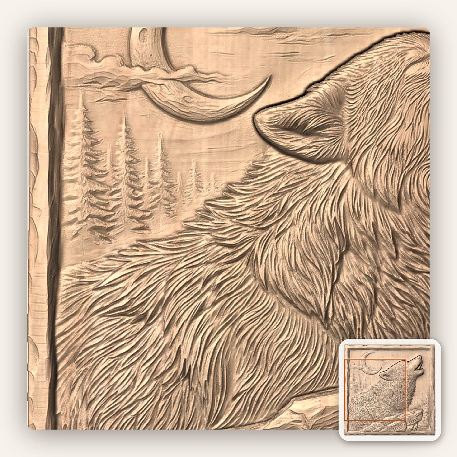 Howling Wolf Moon CNC Relief STL bas-relief STL — view 8