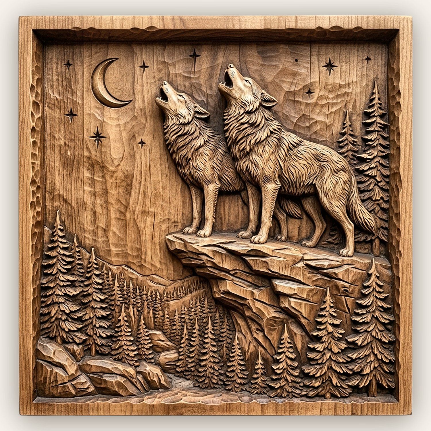 Howling Wolf Moon Forest CNC Relief STL bas-relief STL design