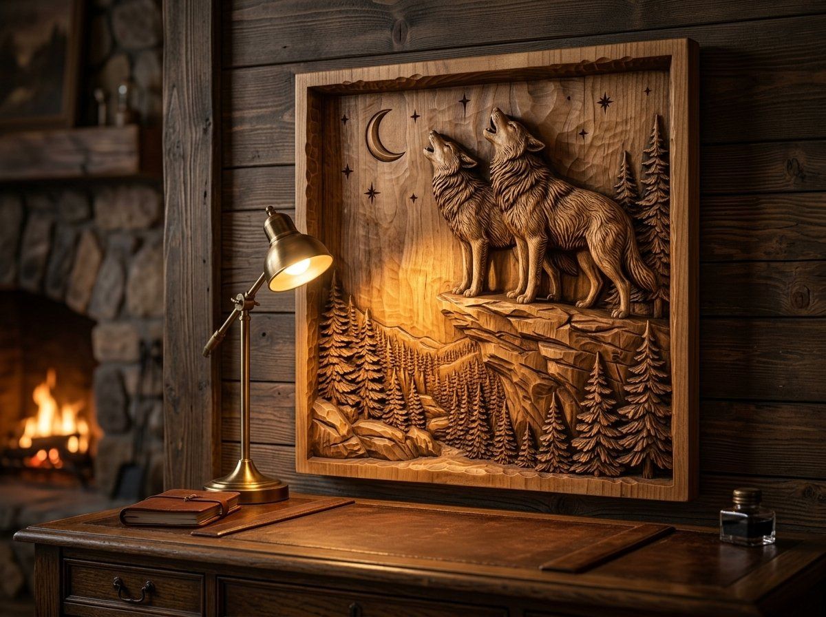 Howling Wolf Moon Forest CNC Relief STL bas-relief STL — view 12