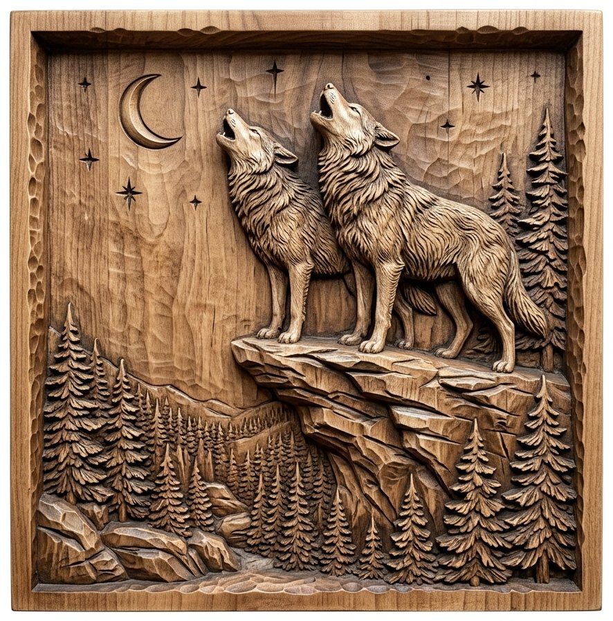 Howling Wolf Moon Forest CNC Relief STL bas-relief STL — view 13