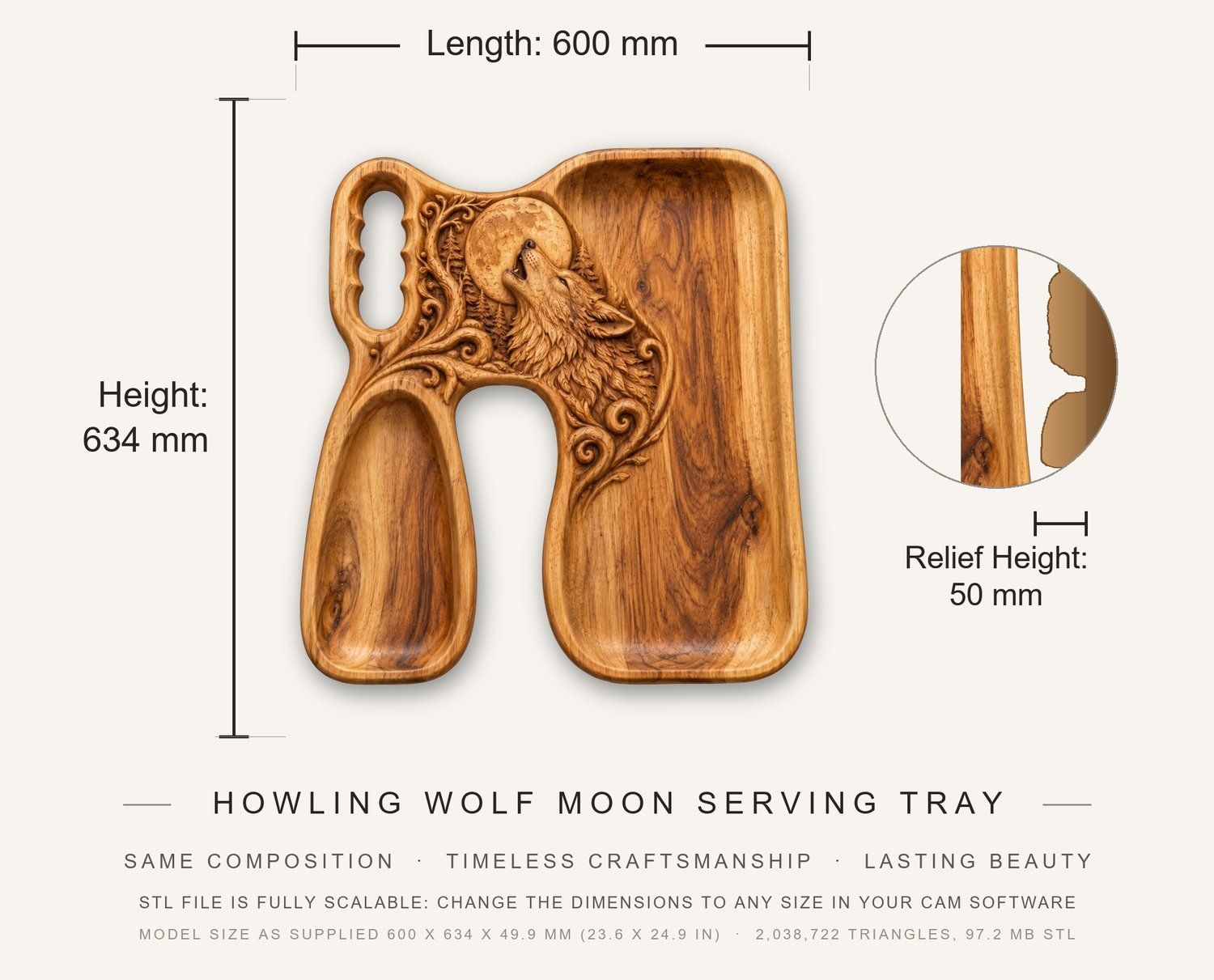 Howling Wolf Moon Serving Tray CNC Relief STL bas-relief STL — view 3