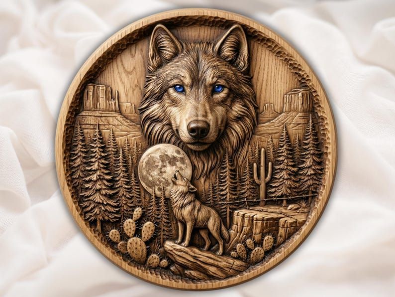 Round wood bas-relief of a blue-eyed wolf face above a howling wolf, full moon, pine forest and desert canyon.