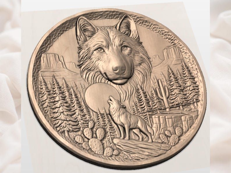 Wolf Moon Round Relief: Howling Wolf, Full Moon and Desert Canyon STL bas-relief STL — view 2