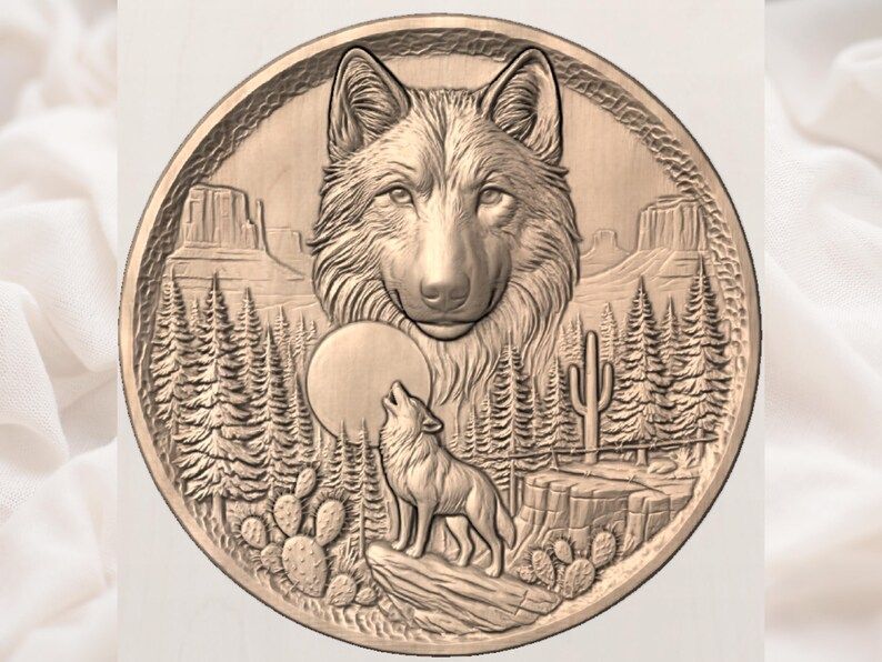 Wolf Moon Round Relief: Howling Wolf, Full Moon and Desert Canyon STL bas-relief STL — view 3