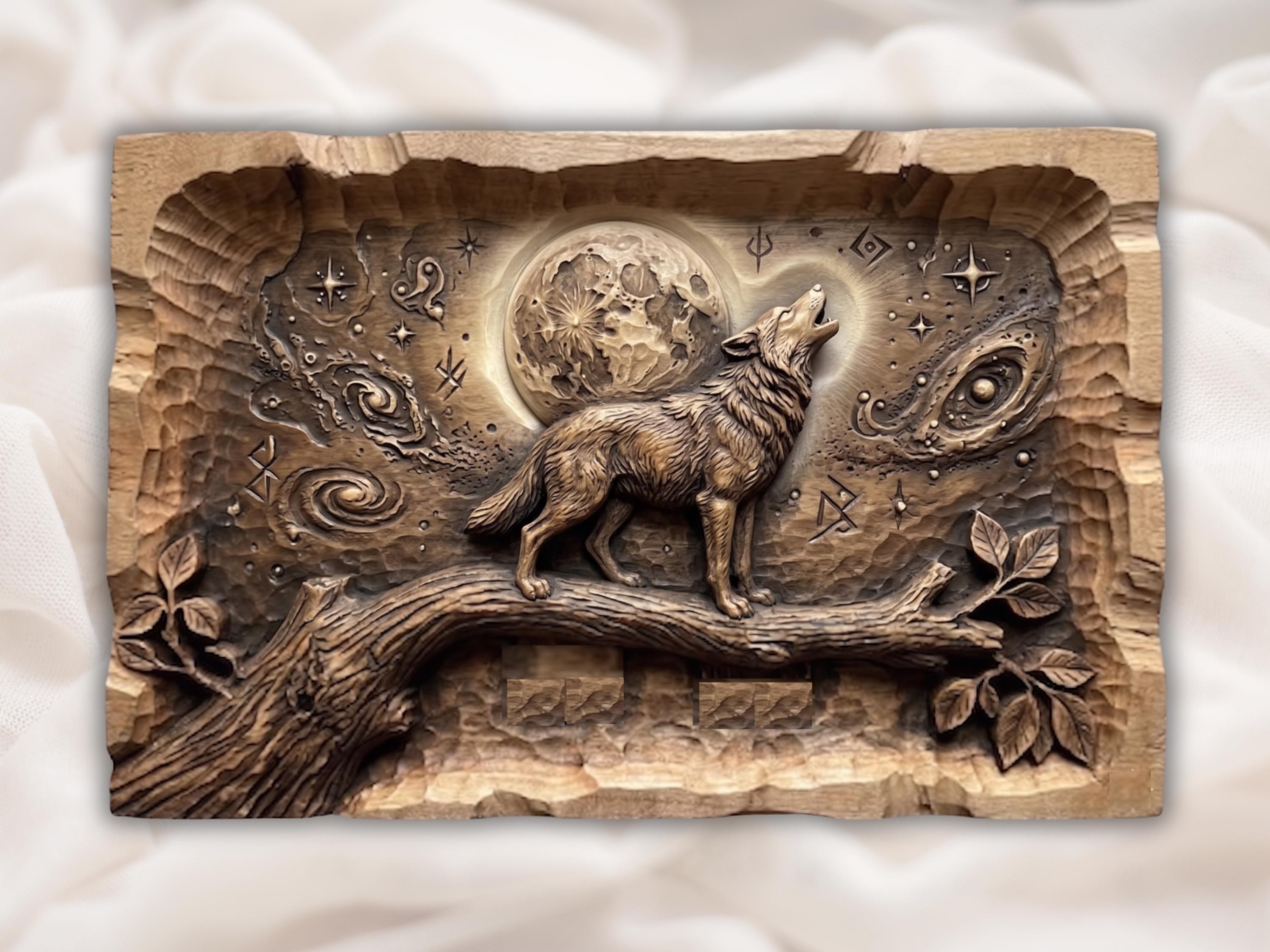 Bas-relief wood carving of a howling wolf standing on a branch beneath a detailed full moon with stars and rune symbols.
