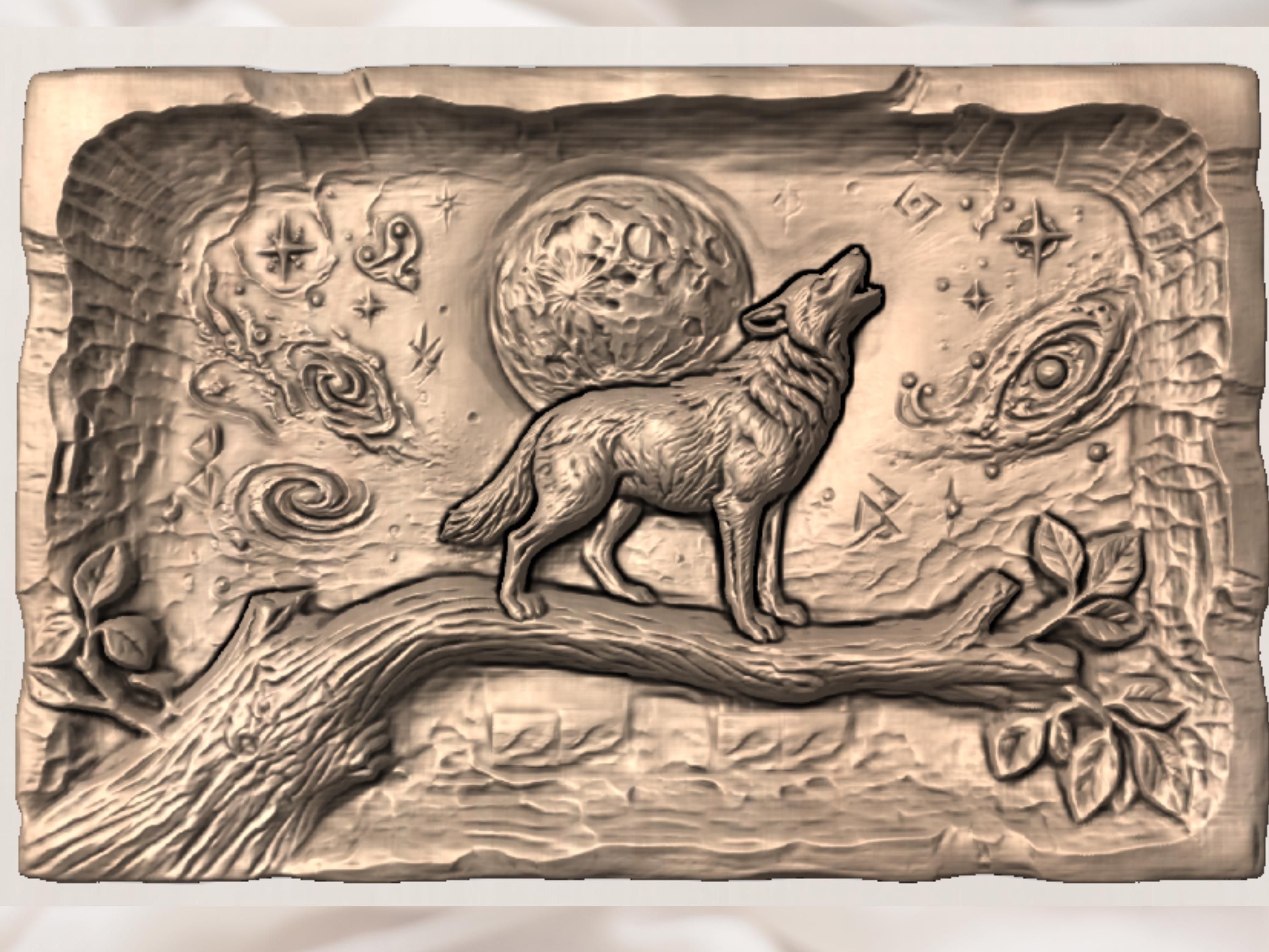 Howling Wolf Under the Full Moon Bas-Relief Carving bas-relief STL — view 2