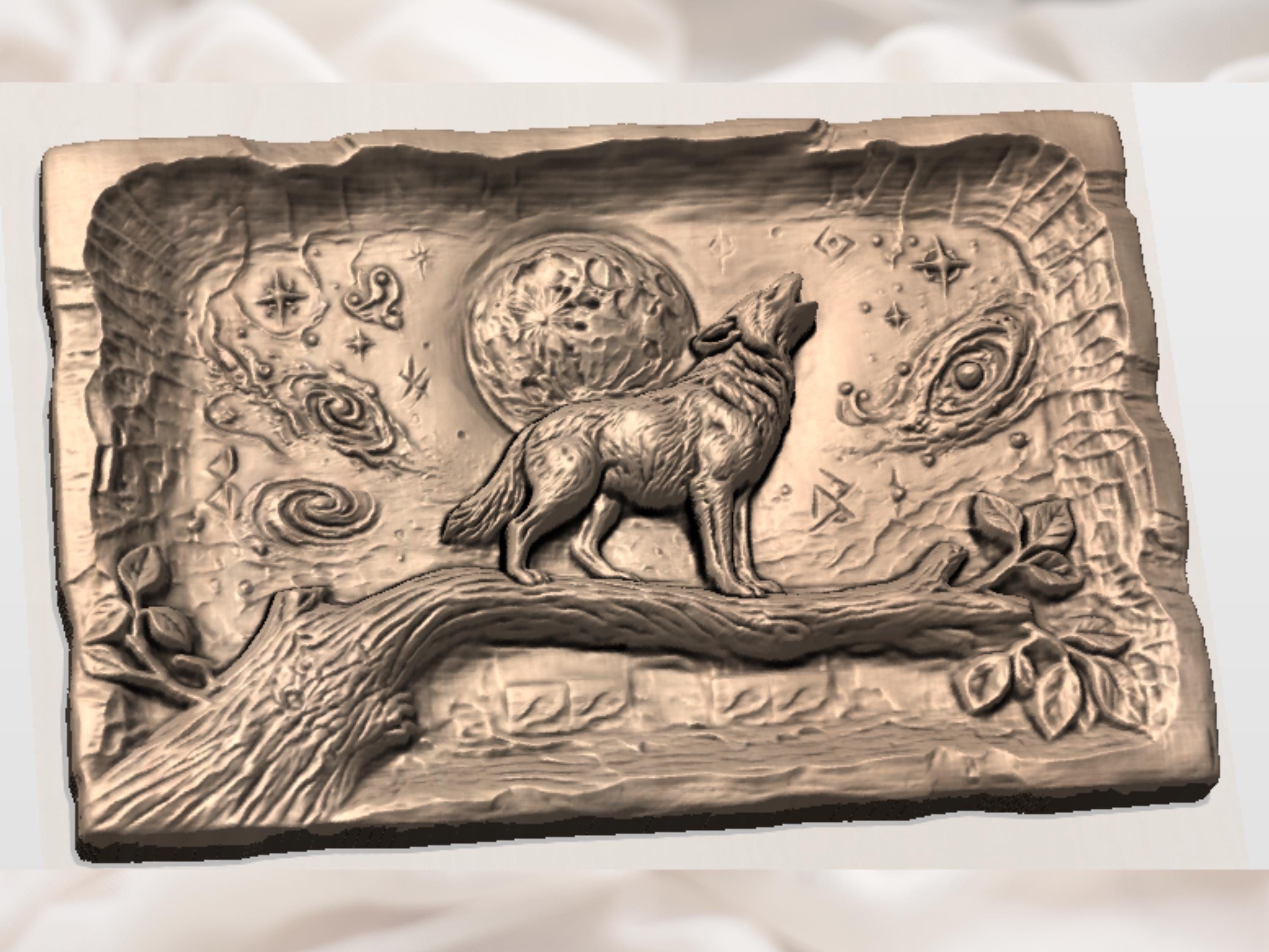 Howling Wolf Under the Full Moon Bas-Relief Carving bas-relief STL — view 3