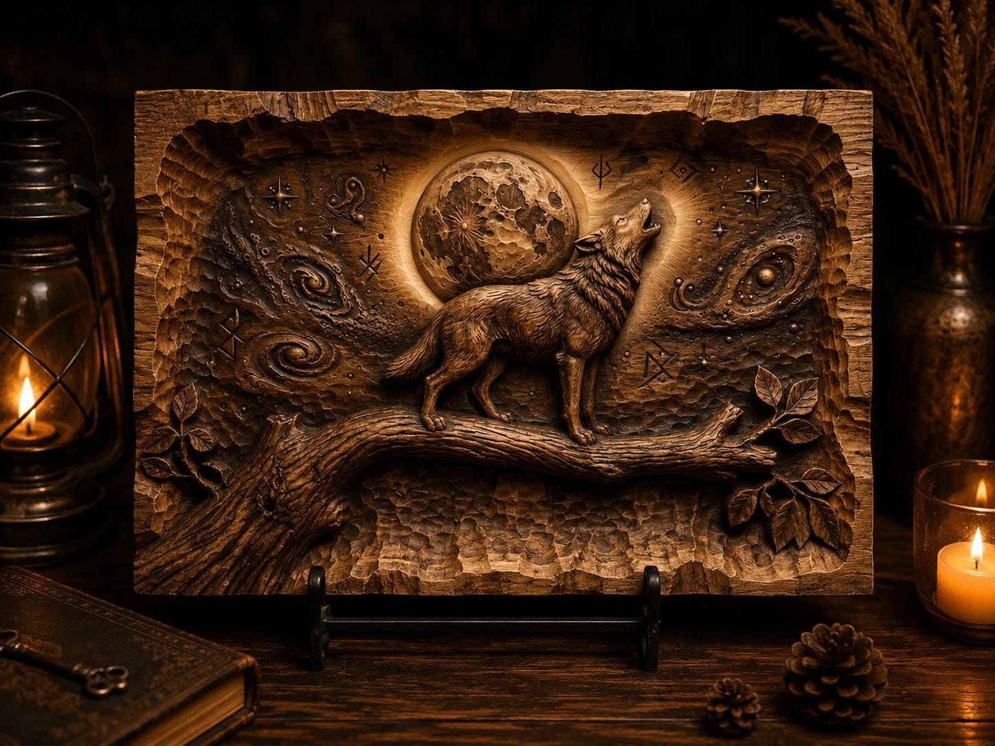 Howling Wolf Under the Full Moon Bas-Relief Carving bas-relief STL — view 4
