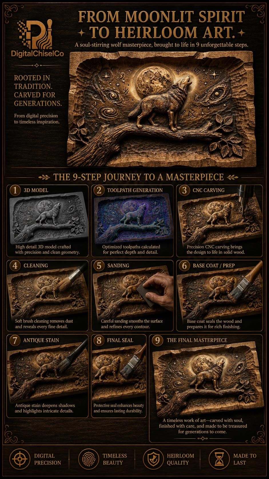 Howling Wolf Under the Full Moon Bas-Relief Carving bas-relief STL — view 5