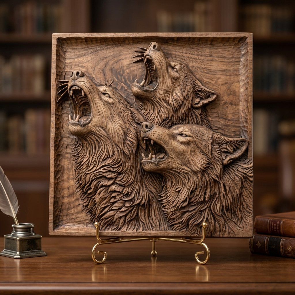 Howling Wolf Pack Wilderness Scene CNC Relief STL bas-relief STL — view 7