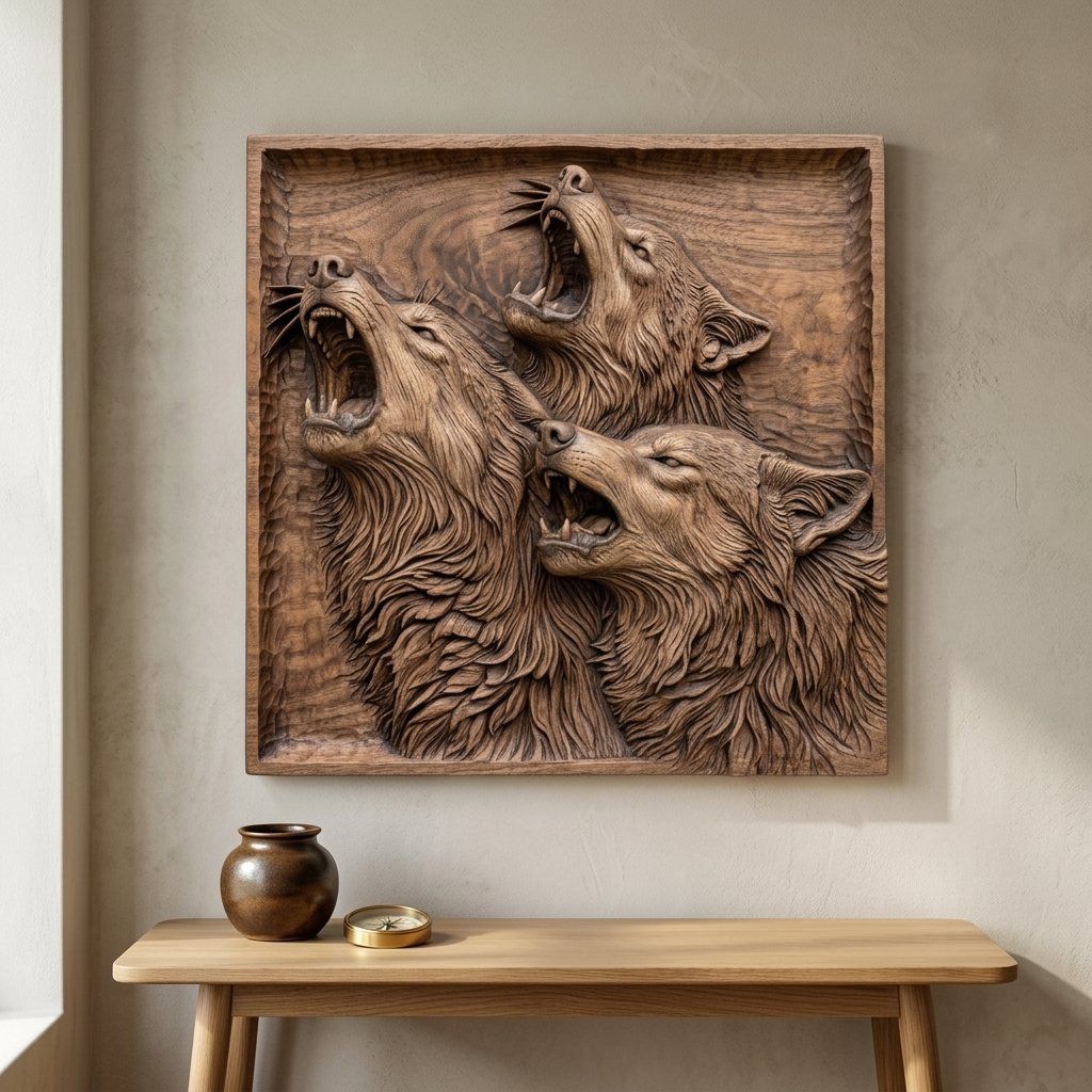 Howling Wolf Pack Wilderness Scene CNC Relief STL bas-relief STL — view 8
