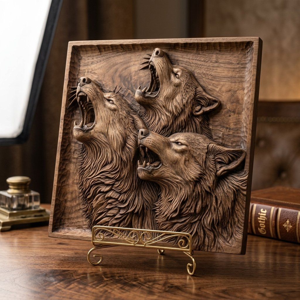 Howling Wolf Pack Wilderness Scene CNC Relief STL bas-relief STL — view 9