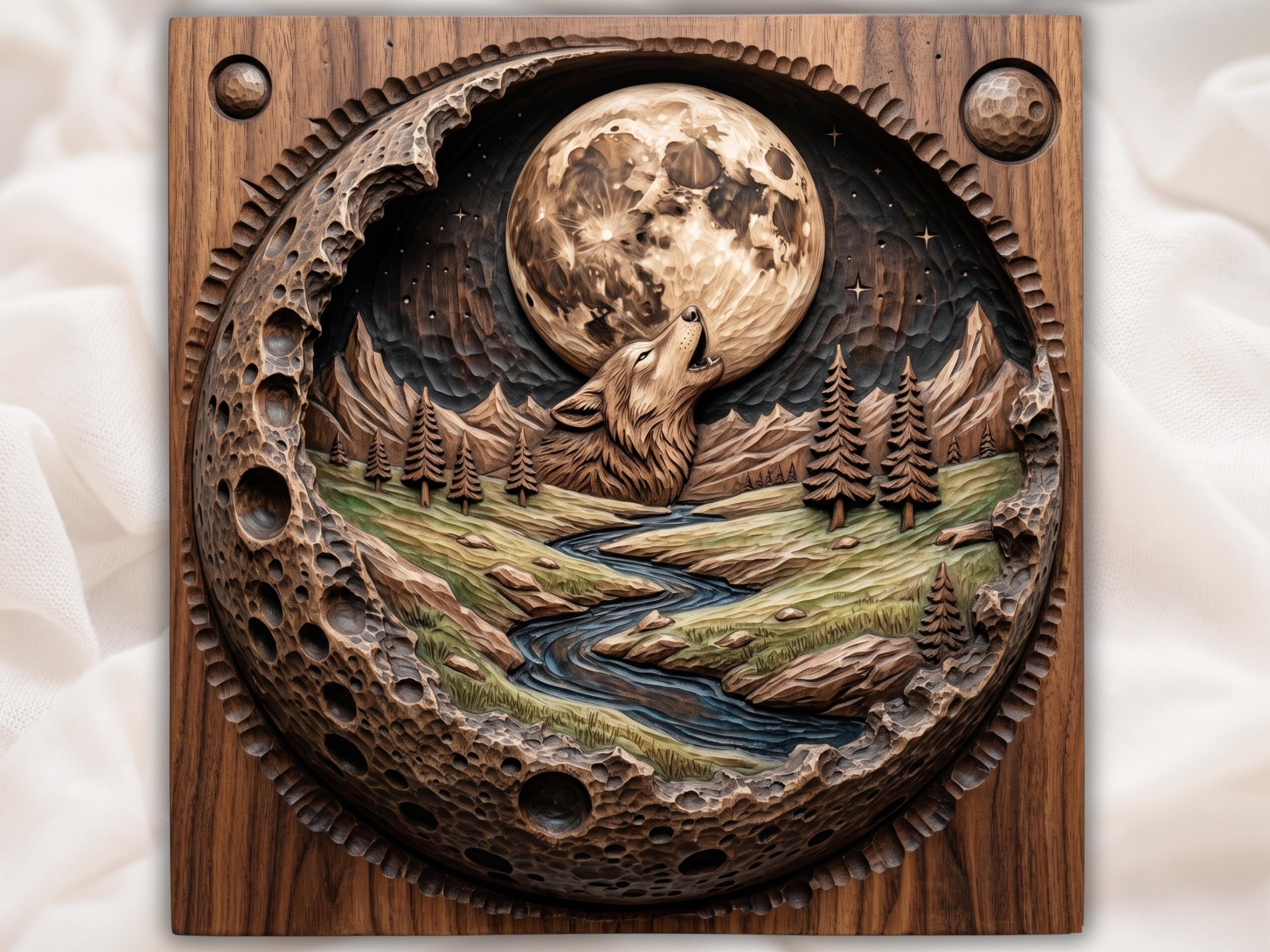 Bas-relief wood carving of a howling wolf below a full moon with mountains, pine trees and a winding river