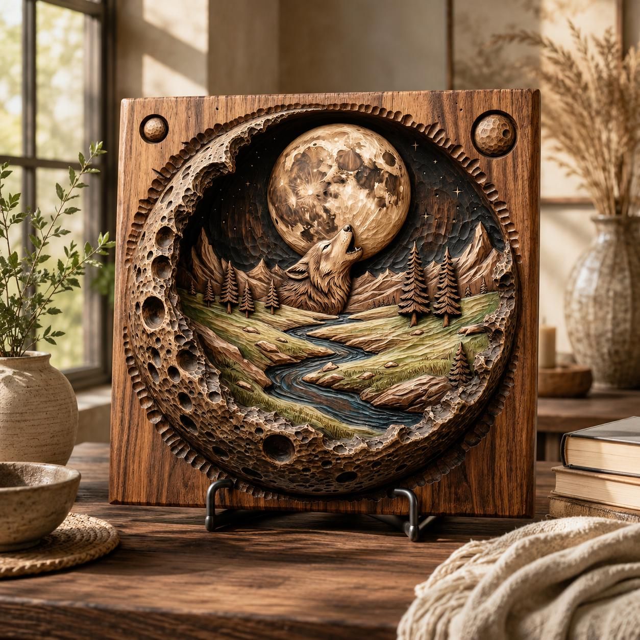 Howling Wolf Under Full Moon River Valley Relief STL bas-relief STL — view 2