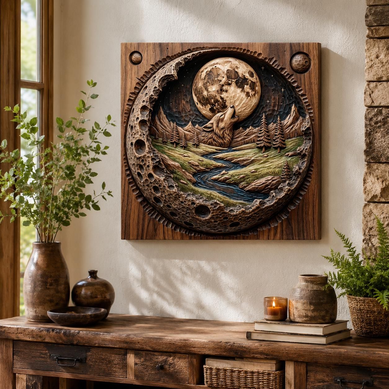 Howling Wolf Under Full Moon River Valley Relief STL bas-relief STL — view 3