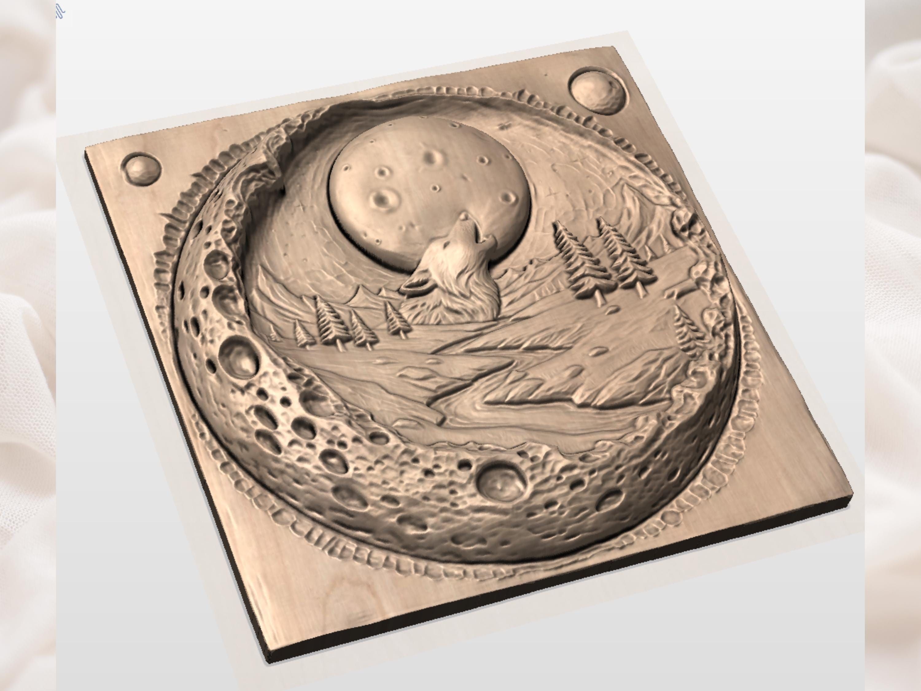 Howling Wolf Under Full Moon River Valley Relief STL bas-relief STL — view 4