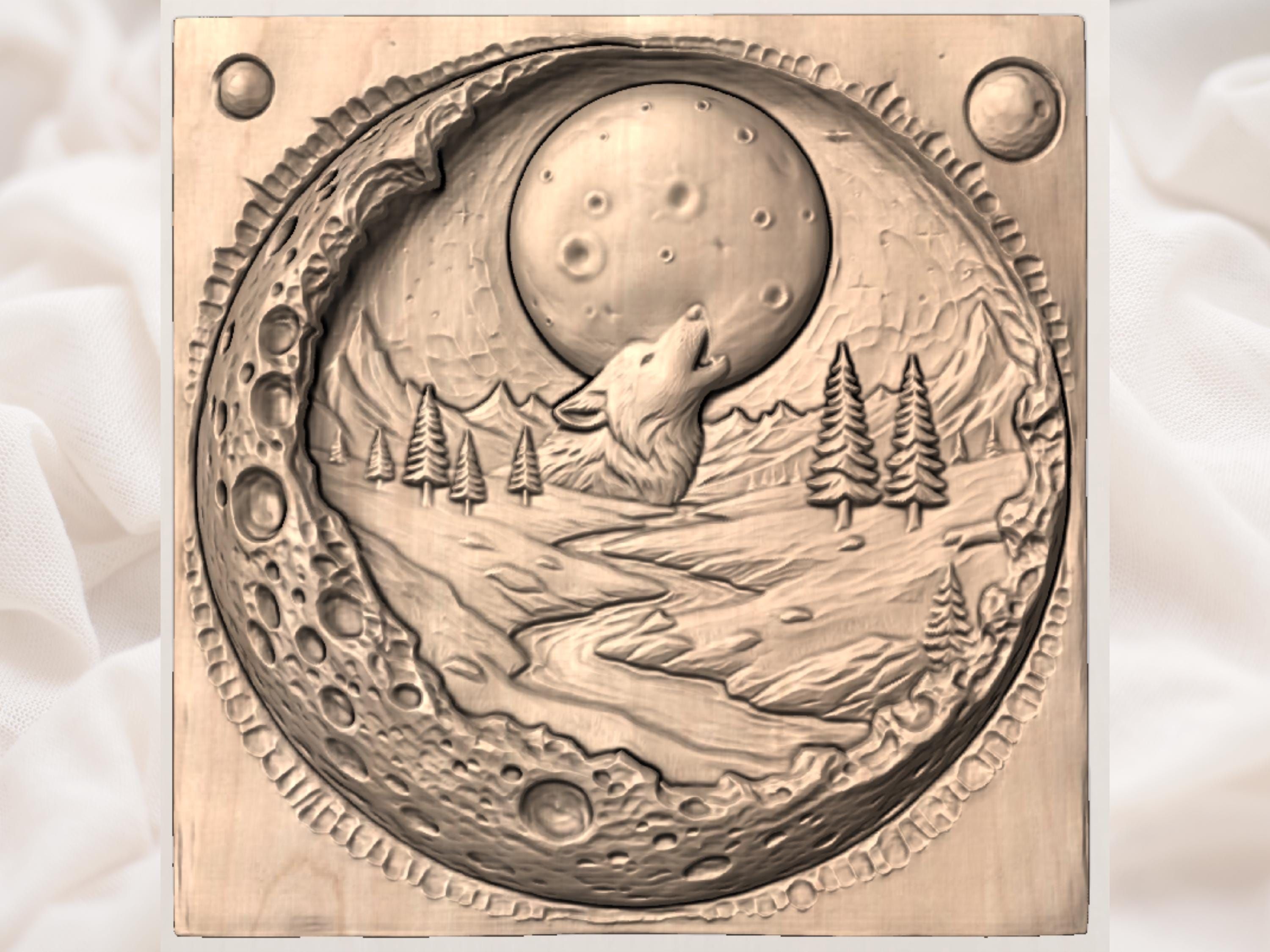 Howling Wolf Under Full Moon River Valley Relief STL bas-relief STL — view 5