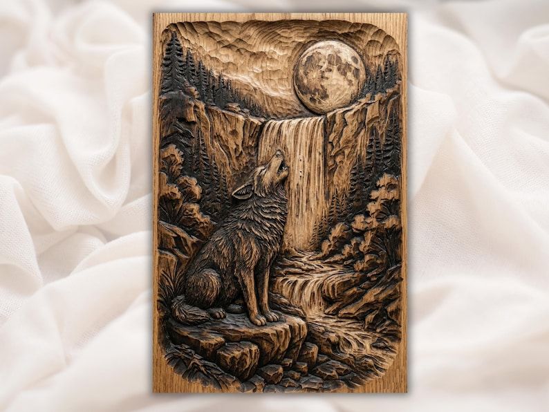 Carved wood relief of a howling wolf on rocks beneath a full moon with a waterfall and forest behind it