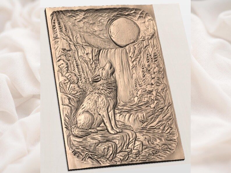 Howling Wolf at Moonlit Waterfall 3D Relief STL Carving bas-relief STL — view 2