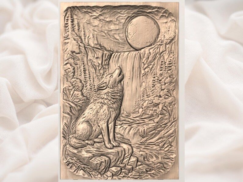 Howling Wolf at Moonlit Waterfall 3D Relief STL Carving bas-relief STL — view 3