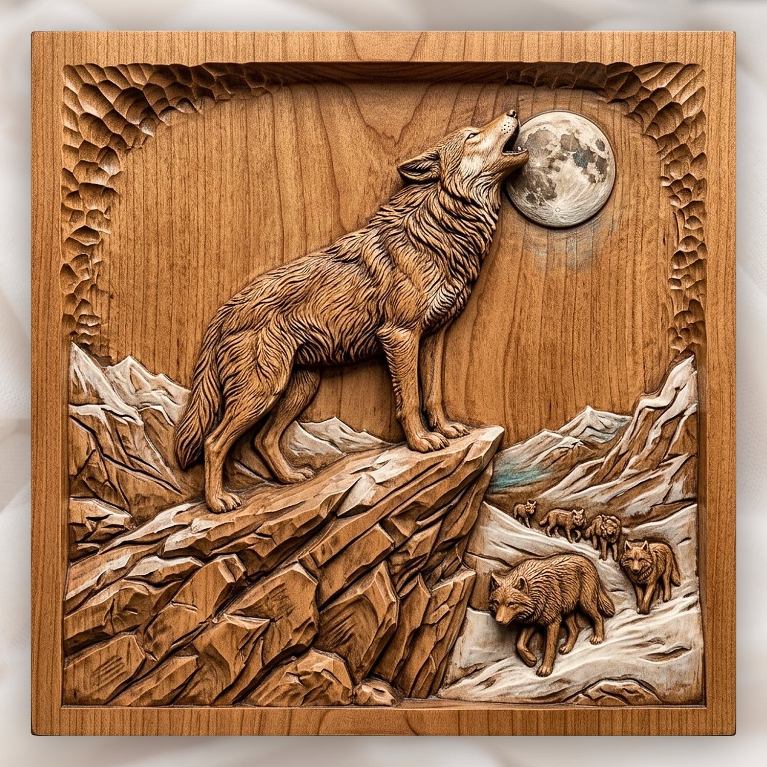 Howling Wolf Wilderness Scene CNC Relief STL bas-relief STL design