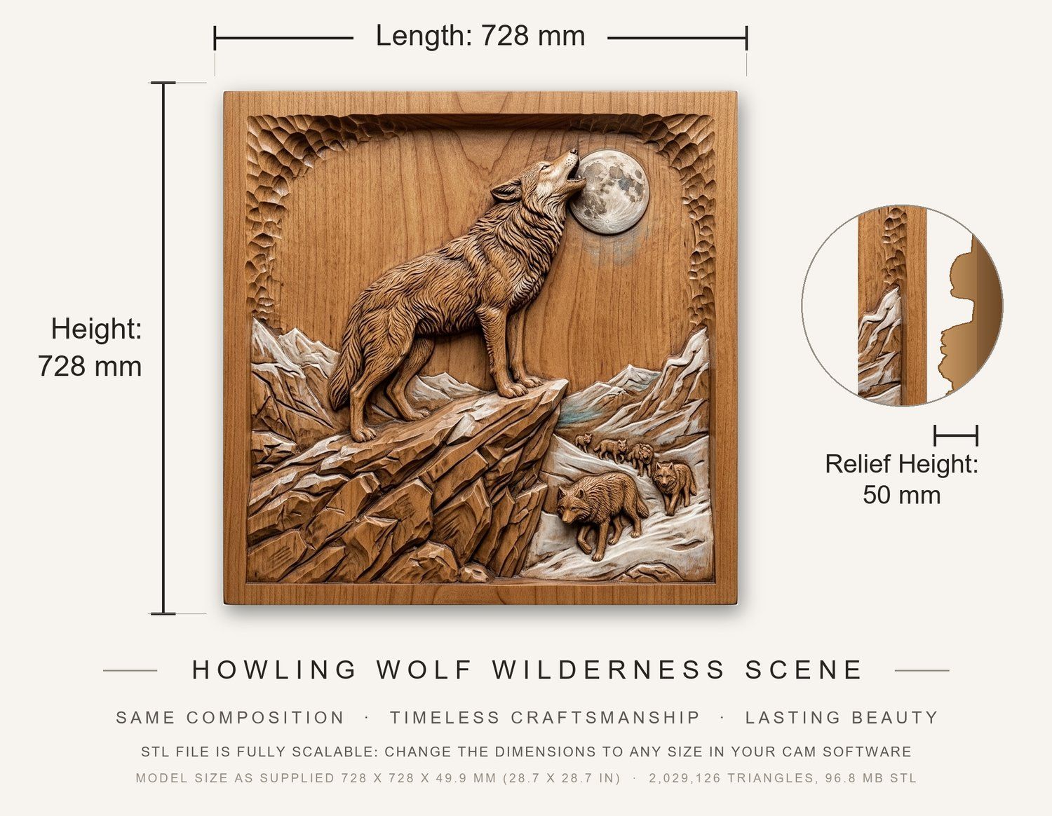 Howling Wolf Wilderness Scene CNC Relief STL bas-relief STL — view 3