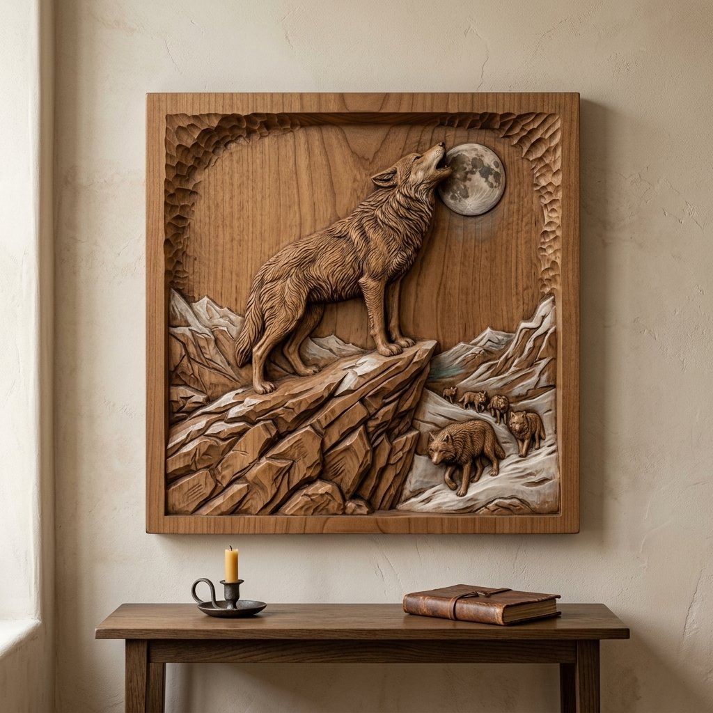 Howling Wolf Wilderness Scene CNC Relief STL bas-relief STL — view 14