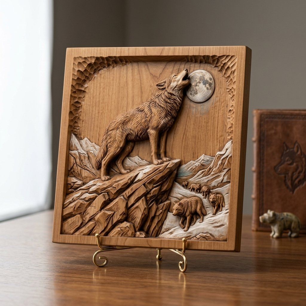 Howling Wolf Wilderness Scene CNC Relief STL bas-relief STL — view 15