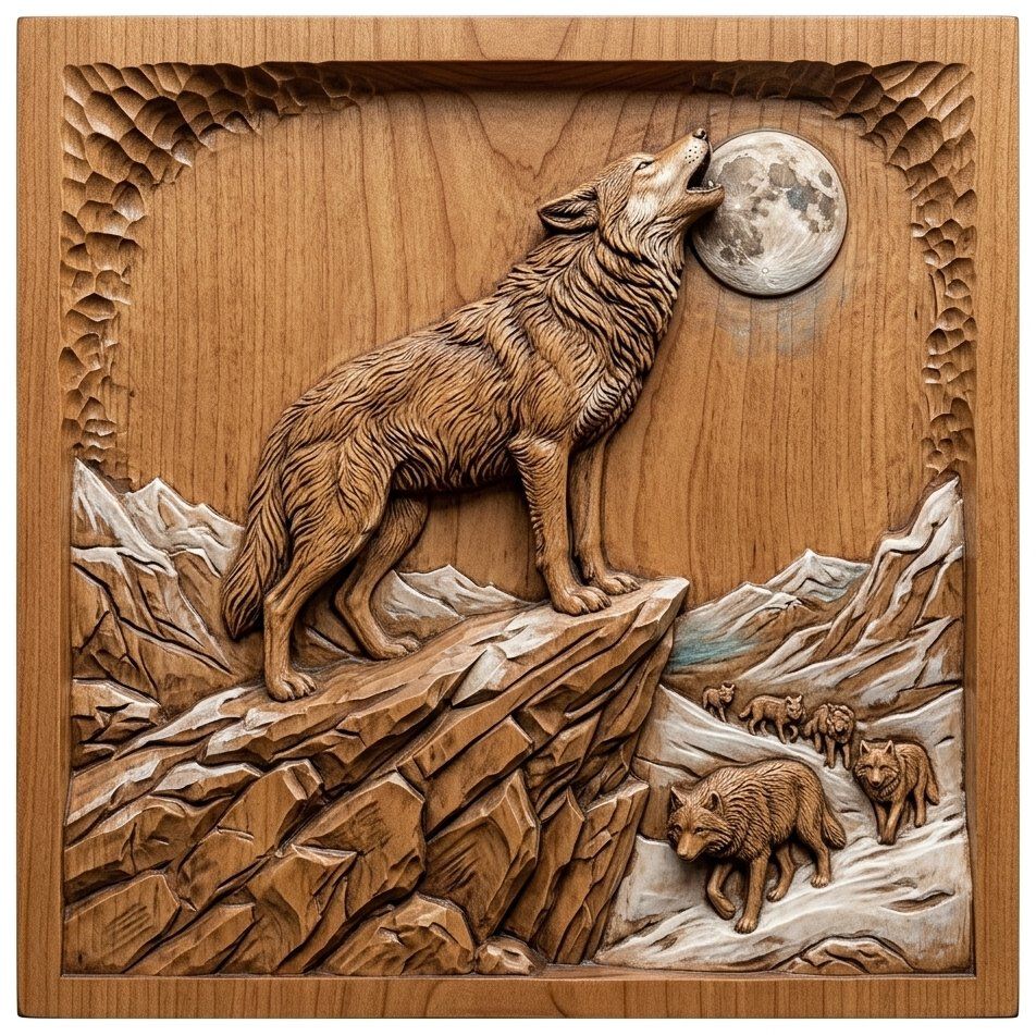 Howling Wolf Wilderness Scene CNC Relief STL bas-relief STL — view 11