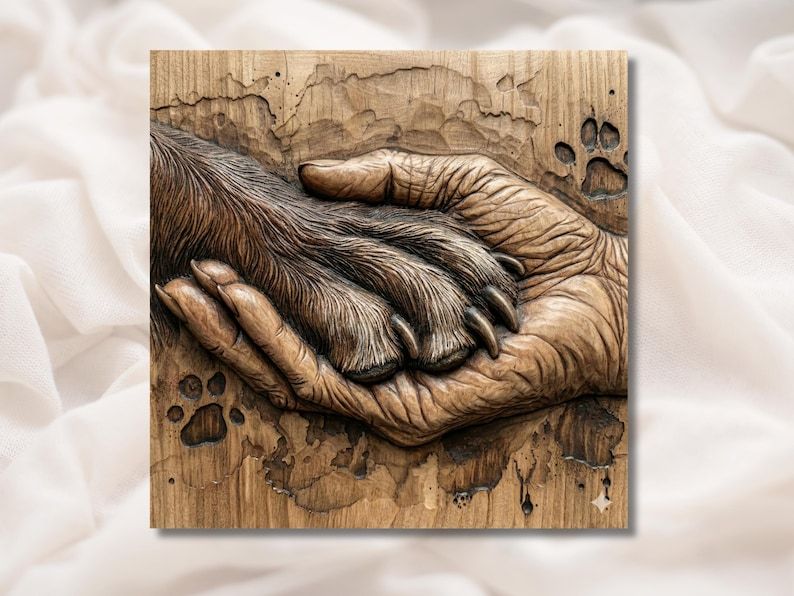 Bas-relief carving of an elderly human hand holding a dog's paw with paw prints in the background