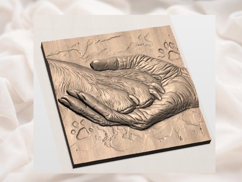 Aged Human Hand Cradling a Dog's Paw Bas-Relief STL bas-relief STL — view 2