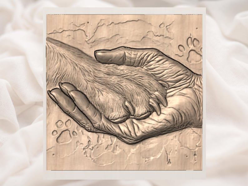 Aged Human Hand Cradling a Dog's Paw Bas-Relief STL bas-relief STL — view 3