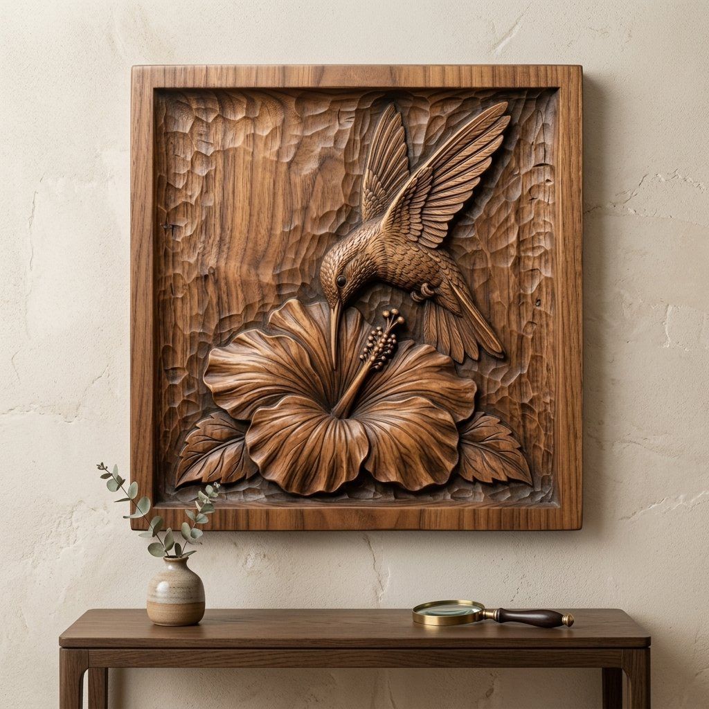 Hummingbird and Hibiscus Flower CNC Relief STL bas-relief STL — view 12