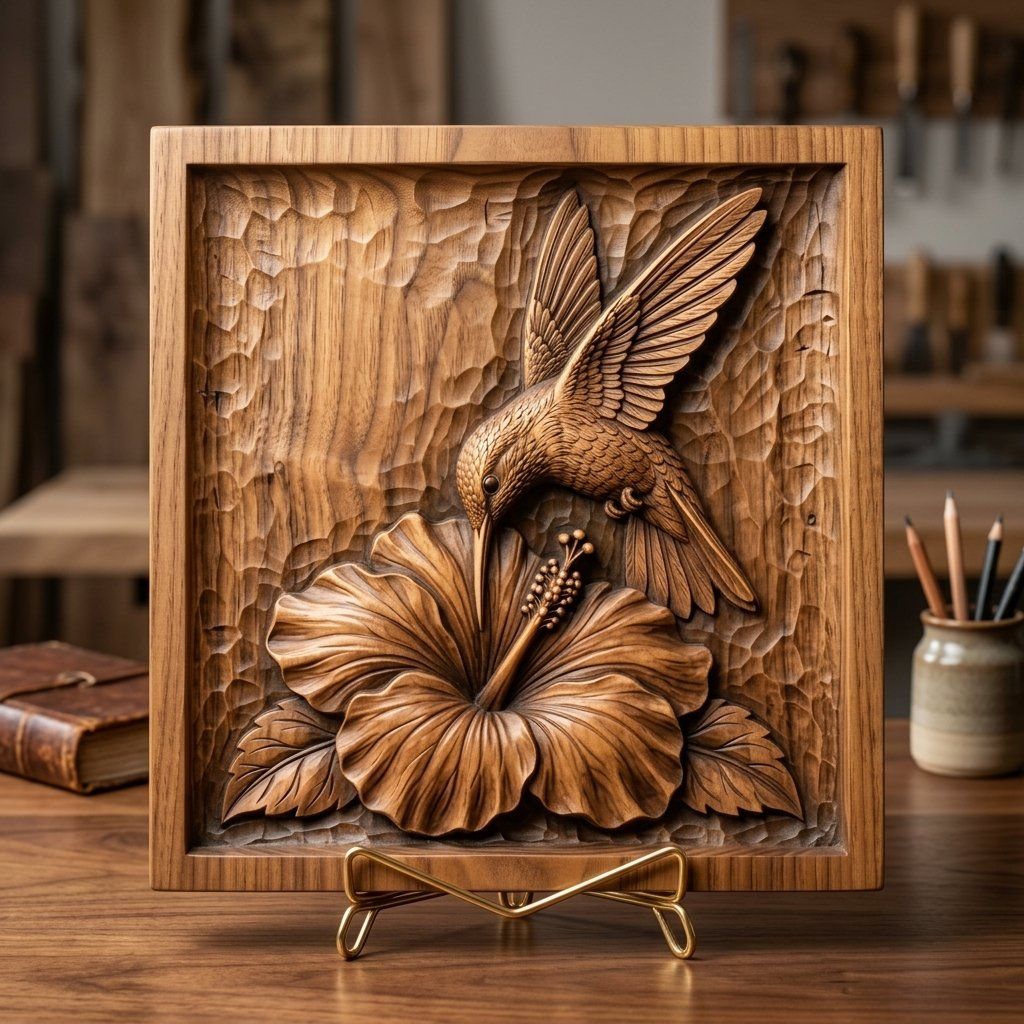 Hummingbird and Hibiscus Flower CNC Relief STL bas-relief STL — view 5