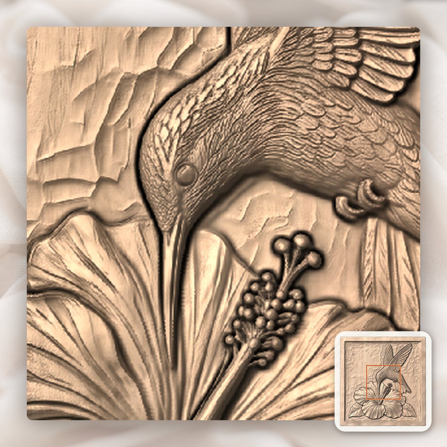 Hummingbird and Hibiscus Flower CNC Relief STL bas-relief STL — view 6
