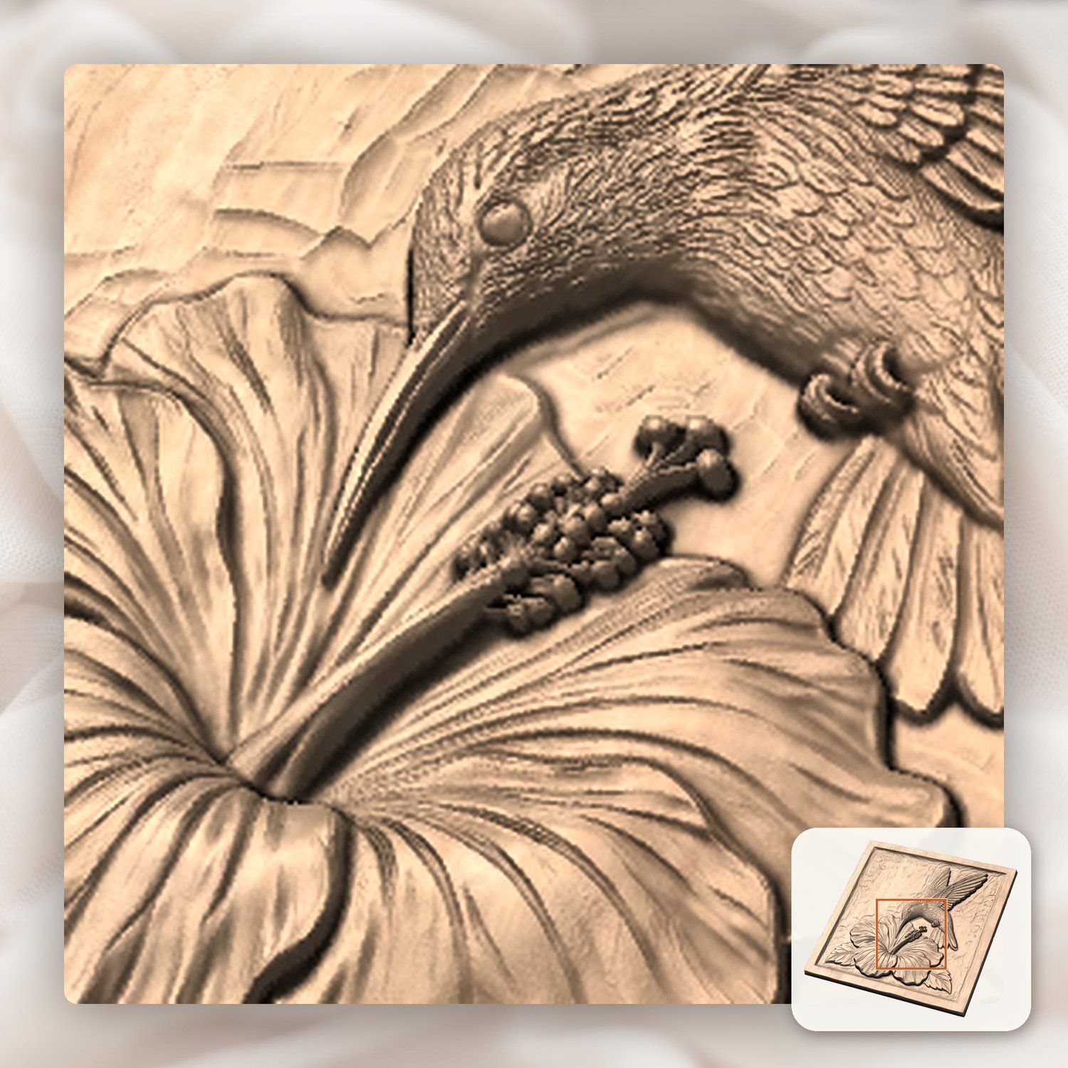 Hummingbird and Hibiscus Flower CNC Relief STL bas-relief STL — view 8