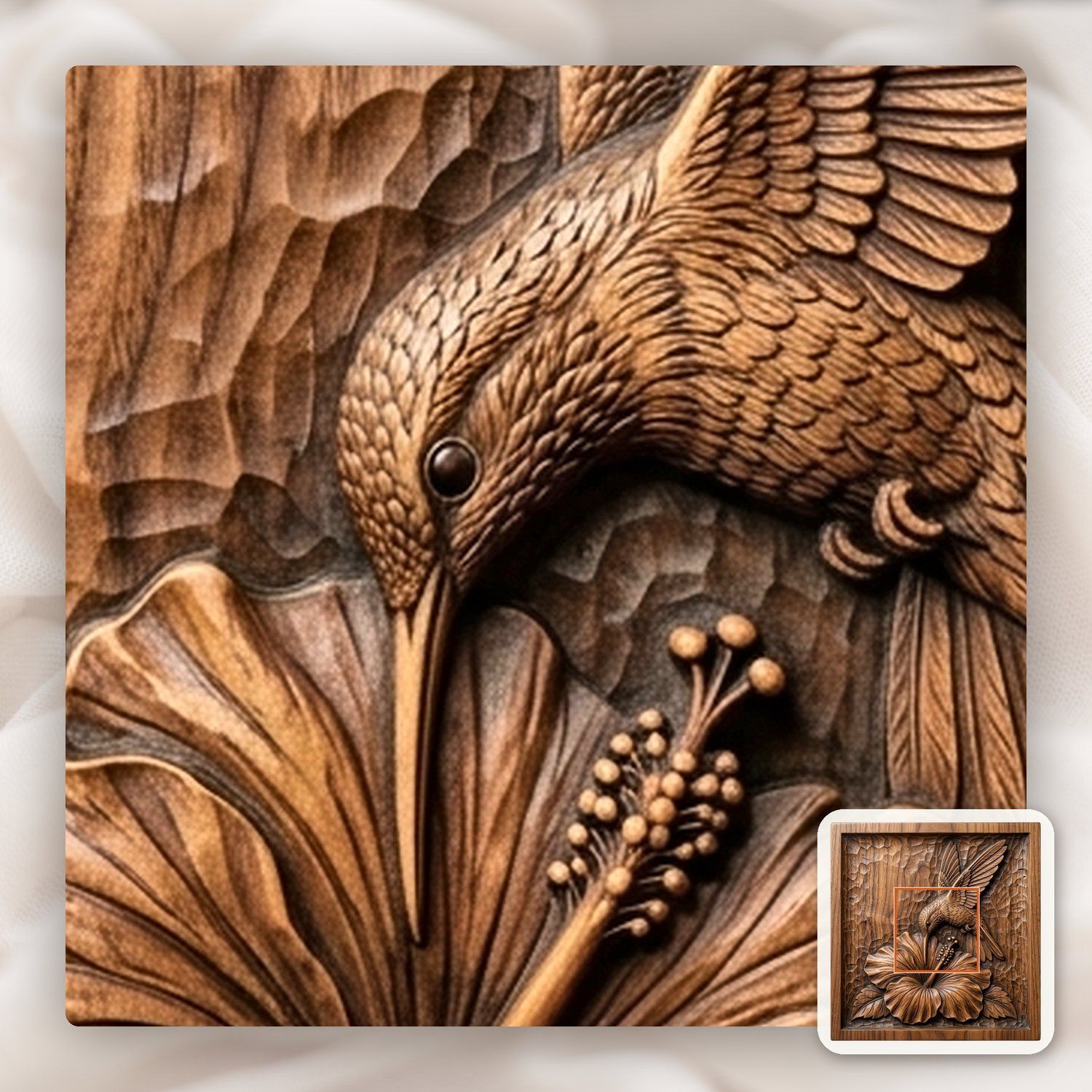 Hummingbird and Hibiscus Flower CNC Relief STL bas-relief STL — view 10