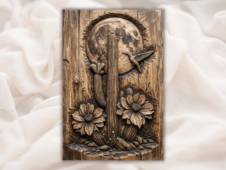 Carved wood bas-relief of a saguaro cactus, full moon, hummingbird, and desert flowers